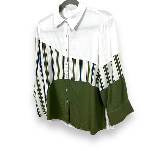 BESS Womens Top XL White Green Linen Blend 3/4 Sleeve Boxy Fit Button Down - Picture 5 of 11